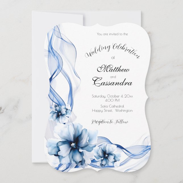 Elegant Dusty Blue Navy Blume Hochzeit Einladung (Vorderseite)