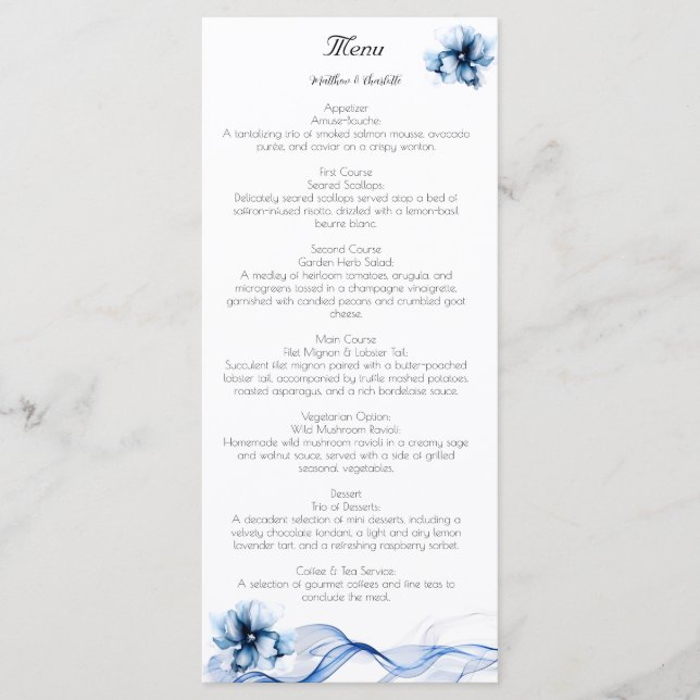 Elegant Dusty Blue Navy Blume Hochzeit Menükarte (Vorderseite)