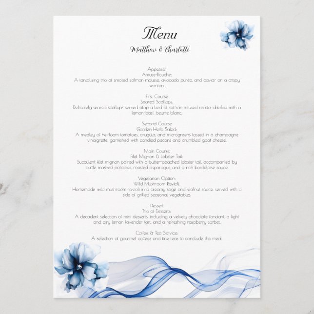 Elegant Dusty Blue Navy Blume Hochzeit Menükarte (Vorderseite)