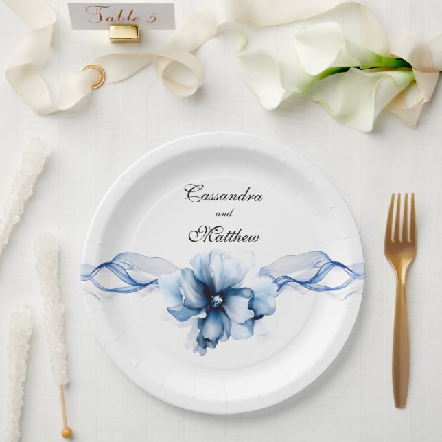 Elegant Dusty Blue Navy Blume Hochzeit Pappteller (Hochzeit)