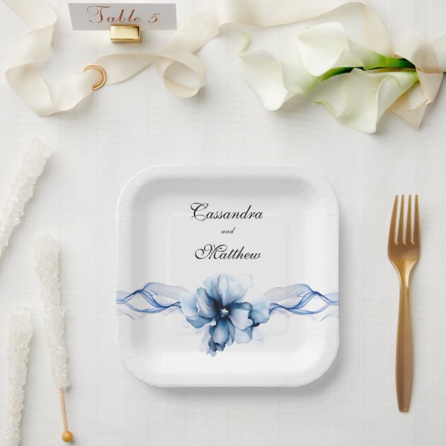 Elegant Dusty Blue Navy Blume Hochzeit Pappteller (Hochzeit)