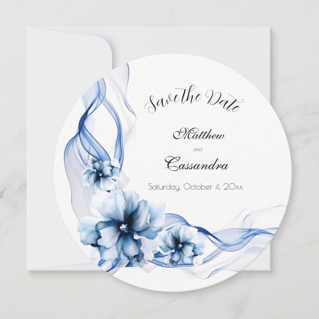 Elegant Dusty Blue Navy Blume Hochzeit Save The Date (Vorderseite)