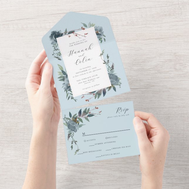 Elegant Dusty Blue Navy Botanischer Garten All In One Einladung (Abreißen)