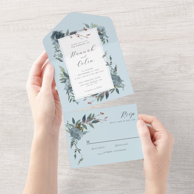 Elegant Dusty Blue Navy Botanischer Garten All In One Einladung (Abreißen)
