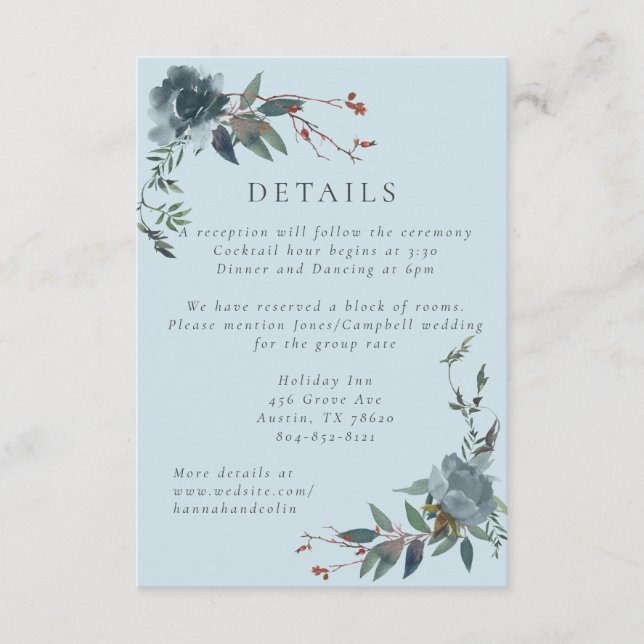 Elegant Dusty Blue Navy Botanischer Garten Begleitkarte (Vorderseite)