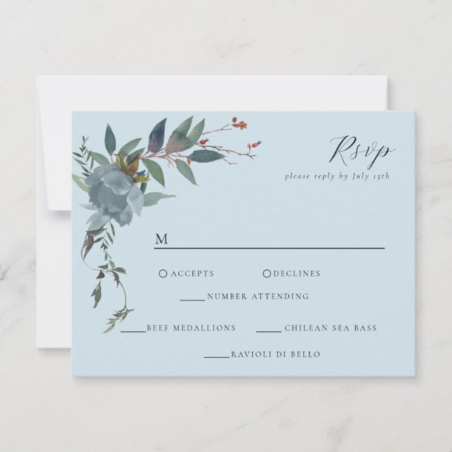 Elegant Dusty Blue Navy Botanischer Garten RSVP Karte (Vorderseite)