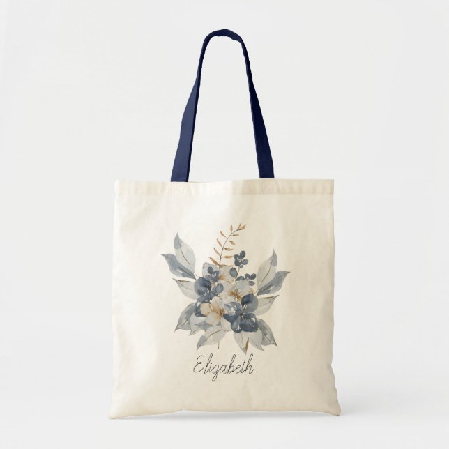 Elegant Dusty Blue Navy Floral Bouquet Bridesmaid Tragetasche (Vorne)