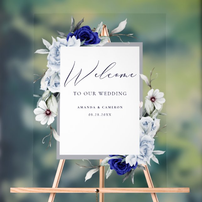 Elégant Dusty Blue Navy Floral Mariage Bienvenue (Neutre)