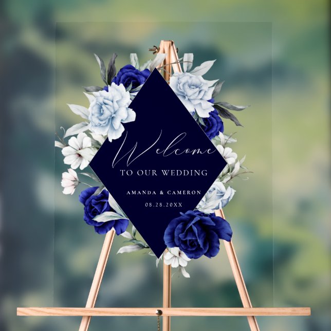 Elégant Dusty Blue Navy Floral Mariage Bienvenue (Neutre)