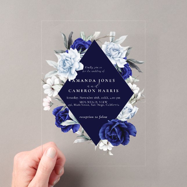 Elegant Dusty Blue Navy Floral Wedding Acryleinladungen (Insitu (Handheld))
