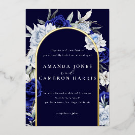 Elegant Dusty Blue Navy Floral Wedding Arch Gold Folieneinladung