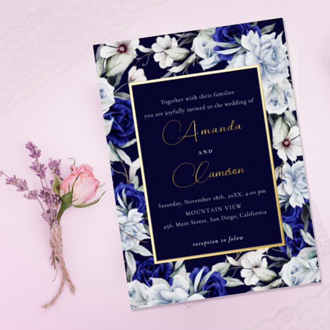 Elegant Dusty Blue Navy Floral Wedding Gold Folieneinladung (Von Creator hochgeladen)