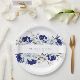 Elegant Dusty Blue Navy Floral Wedding Pappteller