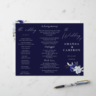 Elégant Dusty Blue Navy Floral Wedding Programme