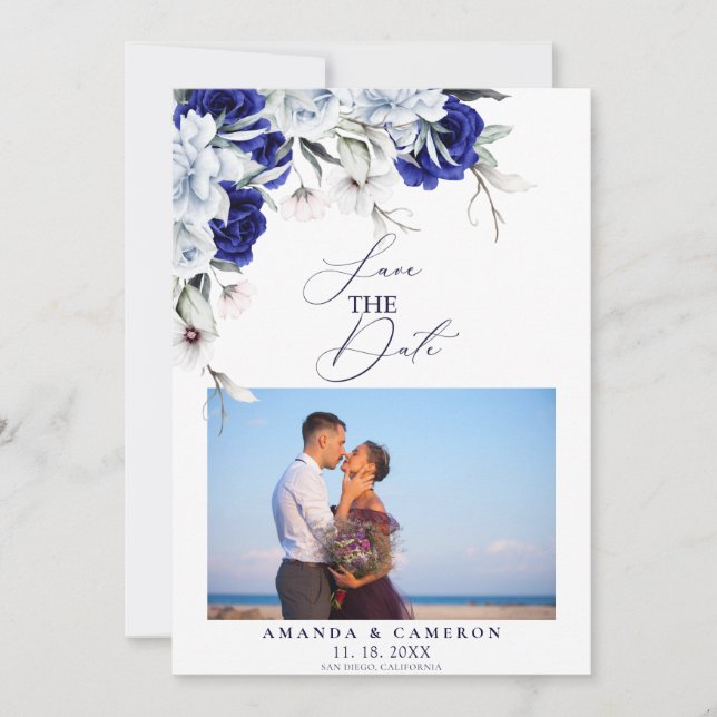 Elegant Dusty Blue Navy Floral Wedding Save The Date (Vorderseite)