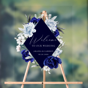 Elegant Dusty Blue Navy Floral Wedding Willkommen Acrylschild