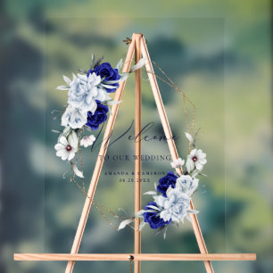 Elegant Dusty Blue Navy Floral Wedding Willkommen Acrylschild