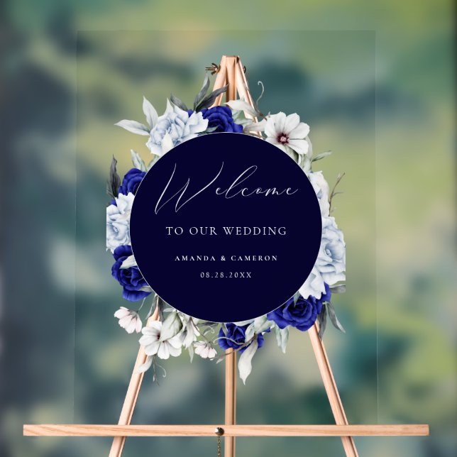 Elegant Dusty Blue Navy Floral Wedding Willkommen Acrylschild (Neutral)