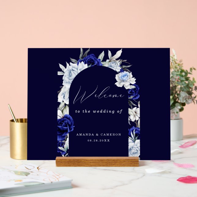 Elegant Dusty Blue Navy Floral Wedding Willkommen Acrylschild (Hochzeit)
