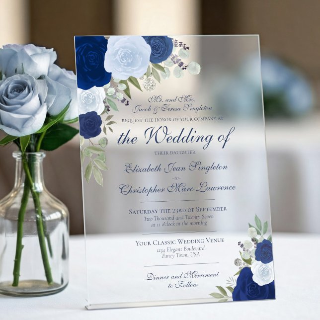 Elegant Dusty Blue & Navy Rose feierliche Hochzeit Acryleinladungen (Frosted Acrylic with Rectangle Cut)