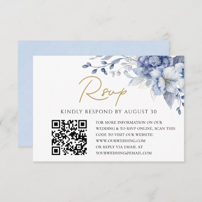 Elégant Dusty Blue or Mariage QR code RSVP (Devant / Derrière)