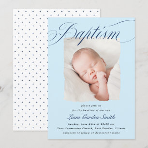 Elegant Dusty Blue Pastel Script Taufe Foto Inv Einladung