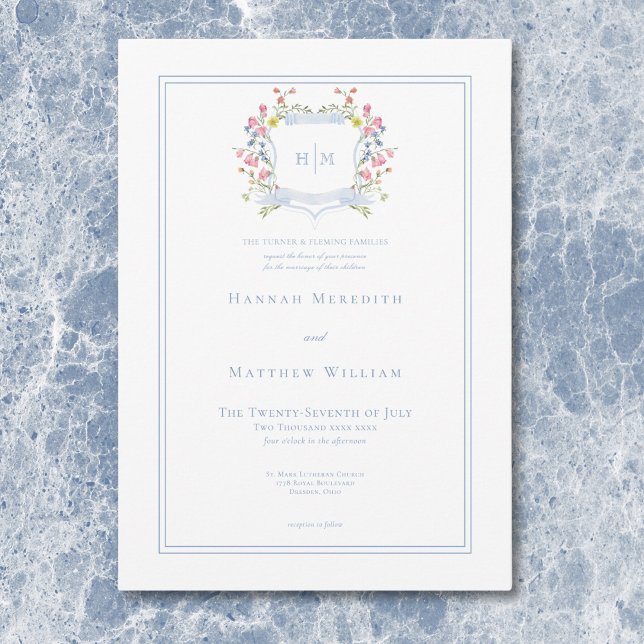 Elegant Dusty Blue Pastel Wildblume Wappen Wedding Einladung (Elegant Dusty Blue Pastel Wildflower Crest Wedding Invitation)