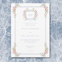 Elegant Dusty Blue Pastel Wildblume Wappen Wedding Einladung