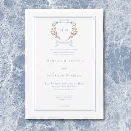 Elegant Dusty Blue Pastel Wildblume Wappen Wedding Einladung