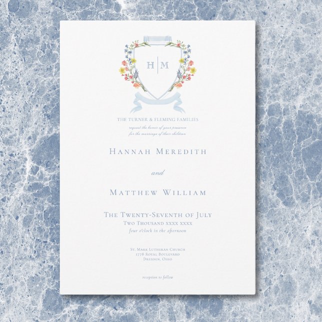 Elegant Dusty Blue Pastel Wildblume Wappen Wedding Einladung (Elegant Dusty Blue Pastel Wildflower Crest Wedding Invitation)