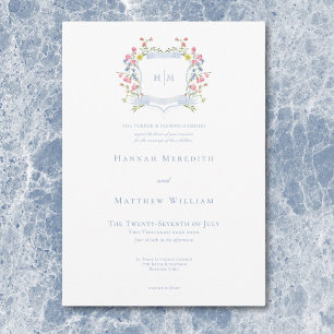 Elegant Dusty Blue Pastel Wildblume Wappen Wedding Einladung