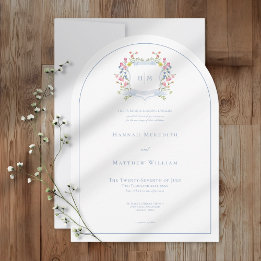 Elegant Dusty Blue Pastel Wildflower Crest Wedding Einladung