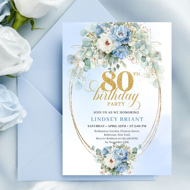 Elegant Dusty Blue Peonies Gold Boho 80th Birthday Einladung (Elegant Dusty Blue Peonies Boho 80th Birthday Invite)