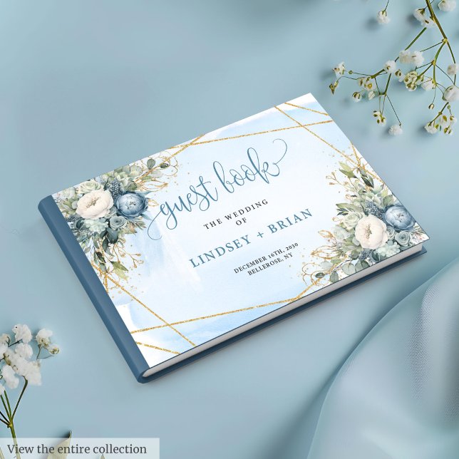 Elegant Dusty Blue Peonies Gold Wedding Guest Book Gästebuch (Elegant Dusty Blue White Gold Floral Guest Book)