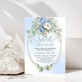 Elegant Dusty Blue Peonies Sweet Sixteen Celebrati Einladung