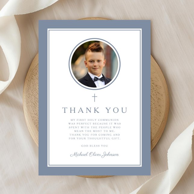 Elegant Dusty Blue Photo Boy First Communion Dankeskarte (Elegant Dusty Blue Photo Boy First Communion Thank You Card
)