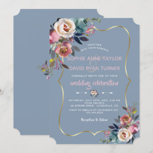 Elegant Dusty Blue Pink Floral Gold Wedding Einladung