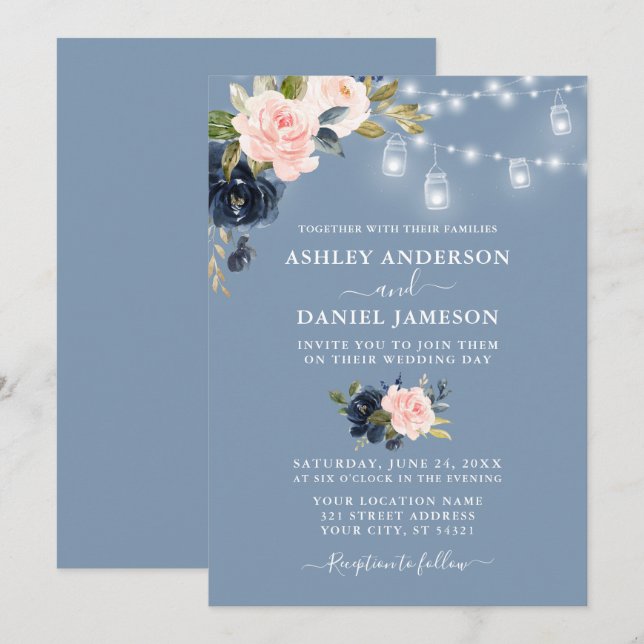 Elegant Dusty Blue Pink Floral Jar Lights Wedding Einladung (Vorne/Hinten)