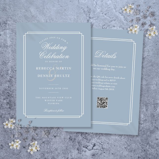 Elegant Dusty Blue QR Code Art Deco Wedding Einladung (Elegant Dusty Blue QR Code Art Deco Wedding Invitation)