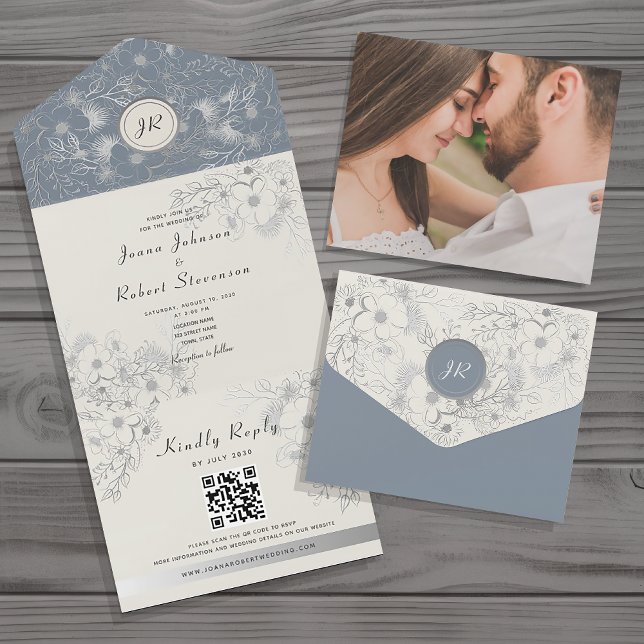 Elégant Dusty Blue QR Code Faire-part de mariage (Créateur téléchargé)