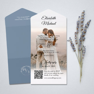 Elegant Dusty Blue QR Code Foto Wedding All In One Einladung