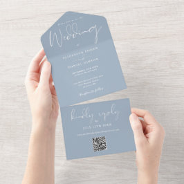 Elegant Dusty Blue QR Code Monogram Wedding All In One Einladung