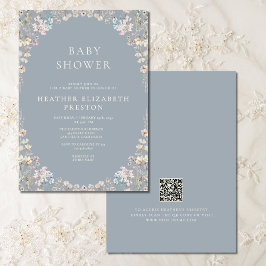 Elegant Dusty Blue QR Code Wildflower Baby Shower Einladung