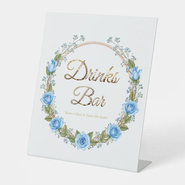 Elegant Dusty Blue Rose Baby's Breathe Drinks Bar Sockelschild (Vorderseite)