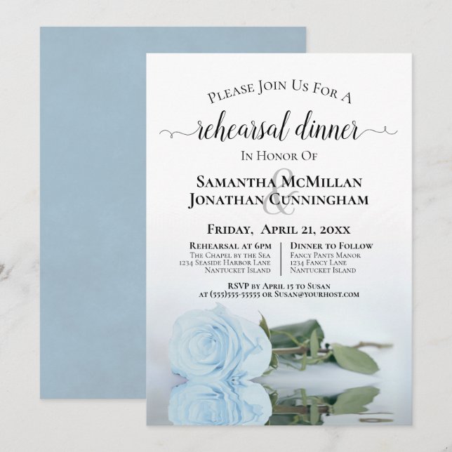 Elegant Dusty Blue Rose Hochzeit Probe Dinner Einladung (Vorne/Hinten)