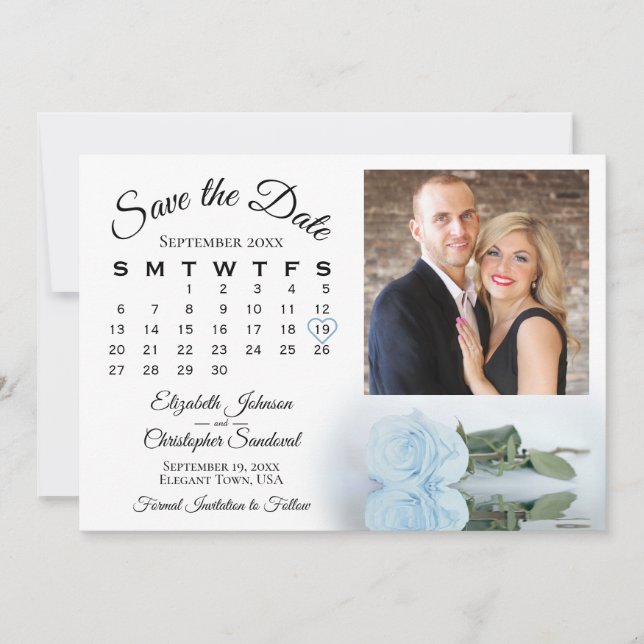 Elegant Dusty Blue Rose Kalender & Foto Hochzeit Save The Date (Vorderseite)