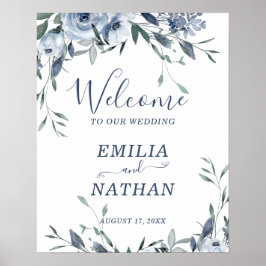 Elegant Dusty Blue Rose mit Grün Willkommen Poster