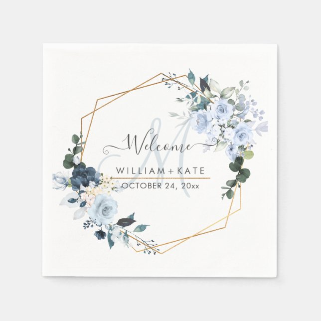 Elegant Dusty Blue Rose Monogram Serviette (Vorderseite)