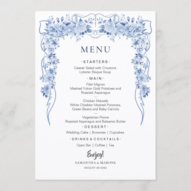 Elegant Dusty Blue Roses Bow Wedding Menu  (Devant)