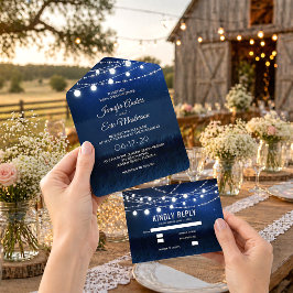 Elegant Dusty Blue Rustic String Lights Wedding All In One Einladung